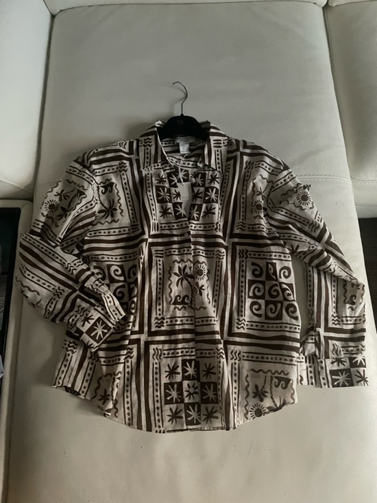 New Calypso St. Barth resort Print Cream/Brown Button Down Shirt Top Cotton Sz L - Picture 3 of 10